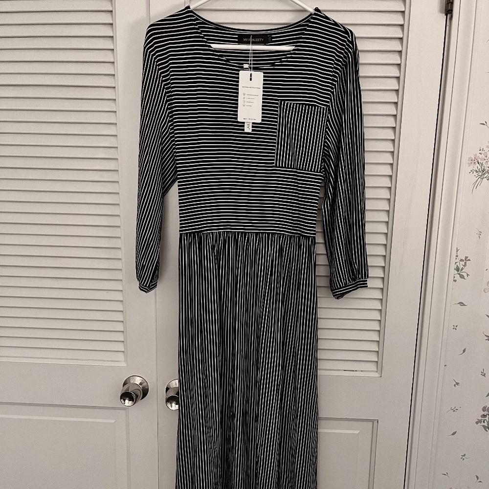 Merokeety Easy, Casual Black White Striped Midi Dress Sz XXL
